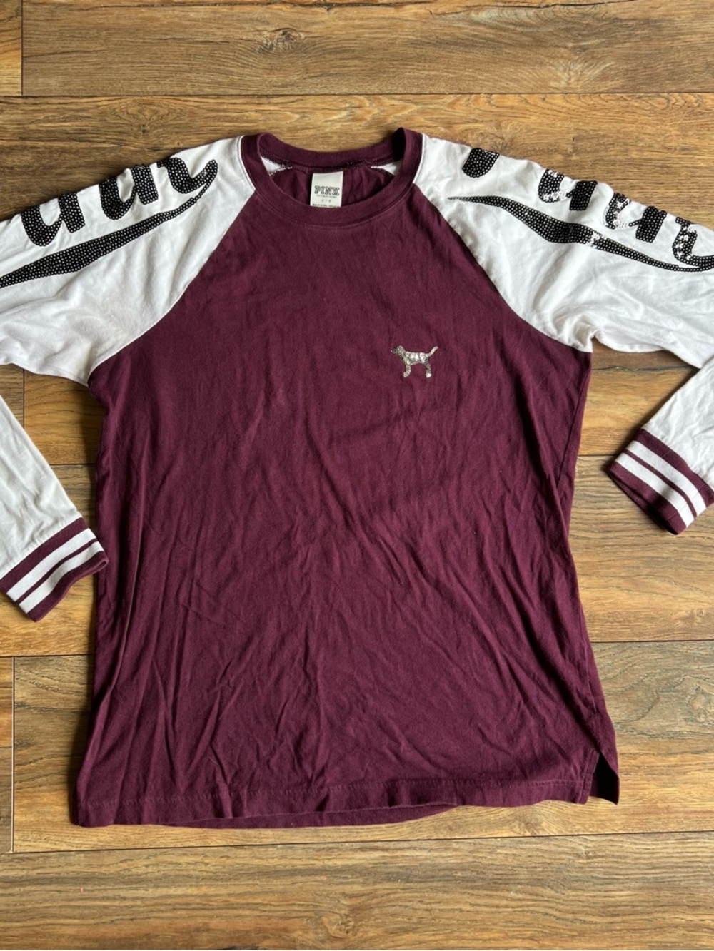 PINK Victoria's Secret Maroon and White Raglan Baseball Tee